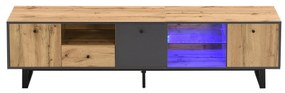 Mobilierul TV Jos pentru Living cu Efecte Luminoase LED, Rafturi din Sticlă și Balamale Amortizate, 190x40x50 cm, Natural