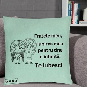 Cadou pentru Frate - Perna Personalizata Fratele Meu Te Iubesc Copii Anime Line Art Negru, 40x40 cm, Verde Menta, Husa Detasabila, Perna Inclusa, BEKZ®