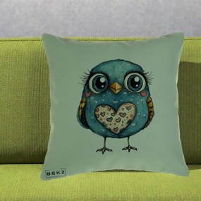 Perna Decorativa Bufnita Albastra cu Inimioare, 40x40 cm, Verde, Husa Detasabila, Perna Inclusa, BEKZ®