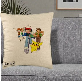 Perna Personalizata Pokemon Ash Misty Brock si Pikachu, 40x40 cm, Bej, Husa Detasabila, Perna Inclusa, BEKZ®