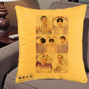 Perna Personalizata K-pop BTS Colaj 7 Portrete cu Inimi Lila, 40x40 cm, Galben, Husa Detasabila, Perna Inclusa, BEKZ®
