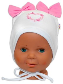 Pălărie Baby Nelly, din bumbac, cu dantelă - funde - alb 68-74 (6-9m)