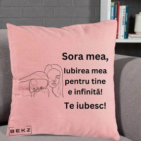 Cadou pentru Sora - Perna Personalizata Sora Mea Te Iubesc Line Art Portrete Fata in Fata, 40x40 cm, Roz, Husa Detasabila, Perna Inclusa, BEKZ®