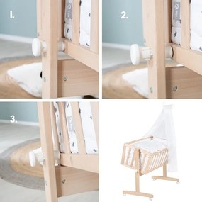 Pătuț leagăn în culoare naturală din lemn de fag cu roți/cu baldachin 40x90 cm – Roba