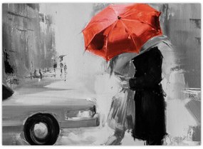 Tablou pe sticlă - Cuplu în dragoste sub o umbrelă, roșu (70x50 cm)