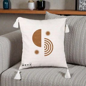 Perna Decorativa Boho Sun si Spirala, 40x40 cm, Bej cu Franjuri, Husa Detasabila, Perna Inclusa, BEKZ®
