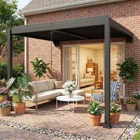Outsunny Pergolă aprox. 3x3 m acoperiș terasă din aluminiu cu lamele reglabile, montare pe perete, gri închis | Aosom Romania