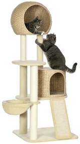 PawHut Arbore de cățărat pentru pisici cu sisal natural, 2 cuiburi, platformă, hamac, pluș, plăci de apă - 60 x 60 x 150 cm, bej | Aosom Romania