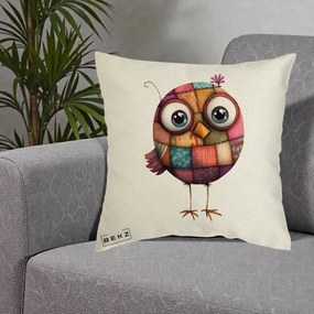 Perna Decorativa Pasare Patchwork Roz cu Floare, 40x40 cm, Ecru, Husa Detasabila, Perna Inclusa, BEKZ®