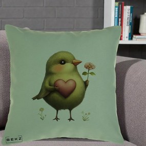 Perna Decorativa Pasare Verde cu Inima si Floare, 40x40 cm, Verde, Husa Detasabila, Perna Inclusa, BEKZ®