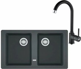 Set chiuveta bucatarie compozit Franke Basis 2 cuve fara picurator 86x50 cm finisaj negru mat cu baterie Pola