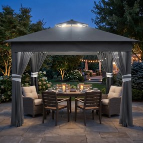 Outsunny Foisor tip pop-up 3 x 3(m),20 lumini LED alimentate de la soare,geanta cu roti, 4 saci de greutate, inaltime reglabila, Gri | Aosom Romania