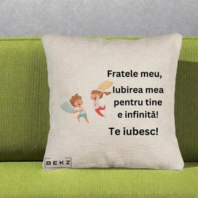 Cadou pentru Frate - Perna Personalizata Fratele Meu Te Iubesc Copii Batalie Perne, 40x40 cm, Bej Canapea, Husa Detasabila, Perna Inclusa, BEKZ®