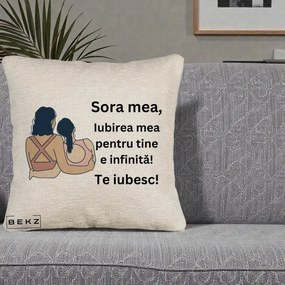 Cadou pentru Sora - Perna Personalizata Sora Mea Te Iubesc Doua Fete Fashioniste Line Art, 40x40 cm, Bej Canapea, Husa Detasabila, Perna Inclusa, BEKZ®