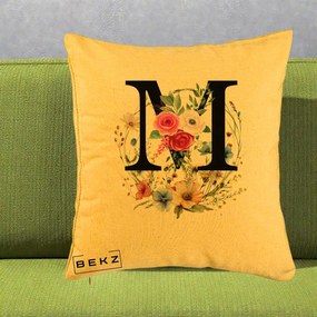 Cadou Personalizat - Perna Personalizata Monogram Litera M cu Flori Acuarela, 40x40 cm, Galben, Husa Detasabila, Perna Inclusa, BEKZ®