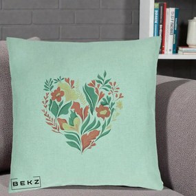 Perna Decorativa Inima Florala Botanica, 40x40 cm, Verde Menta, Husa Detasabila, Perna Inclusa, BEKZ®