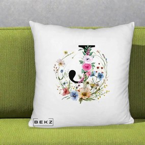 Cadou Personalizat - Perna Personalizata Monogram Litera J cu Flori Acuarela, 40x40 cm, Alb Pufos, Husa Detasabila, Perna Inclusa, BEKZ®