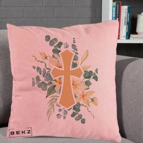 Perna Personalizata Cruce Florala Botez, 40x40 cm, Roz, Husa Detasabila, Perna Inclusa, BEKZ®