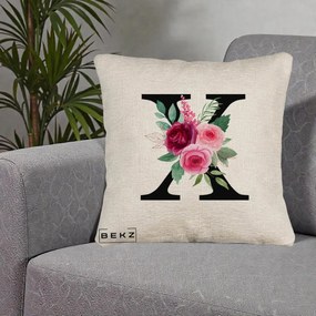 Cadou Personalizat - Perna Personalizata Monograma Florala Litera X cu Buchet, 40x40 cm, Bej Canapea, Husa Detasabila, Perna Inclusa, BEKZ®