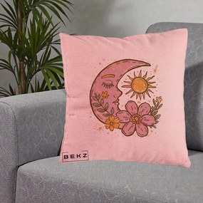 Perna Personalizata Luna si Soare Floral Boho, 40x40 cm, Roz, Husa Detasabila, Perna Inclusa, BEKZ®