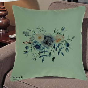 Perna Decorativa Buchet Flori Albastre Acuarela, 40x40 cm, Verde, Husa Detasabila, Perna Inclusa, BEKZ®