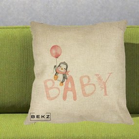 Perna Personalizata Baby Pinguin Roz, 40x40 cm, Crem, Husa Detasabila, Perna Inclusa, BEKZ®