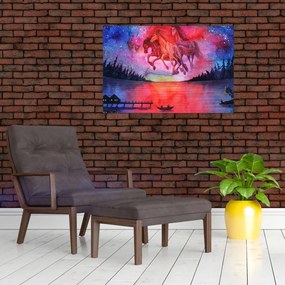 Tablou - Apariția cailor spațiali peste lac, acuarelă (90x60 cm)