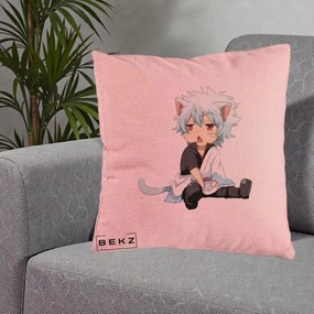 Perna Personalizata Gintama Gintoki Chibi Pisica, 40x40 cm, Roz, Husa Detasabila, Perna Inclusa, BEKZ®