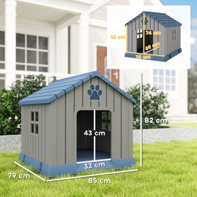 PawHut Căsuță pentru Câini din Plastic pentru Exterior, Impermeabilă, pentru Câini de Talie Medie cu Bază Ridicată, Ferestre și Acoperiș pentru Grădină, Patio, Terasă, Casă și Interior, 85x79x82 cm, Gri | Aosom Romania