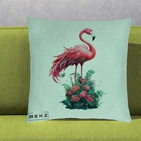 Perna Decorativa Flamingo cu Trandafiri Tropicali, 40x40 cm, Verde Menta, Husa Detasabila, Perna Inclusa, BEKZ®