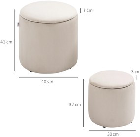 HOMCOM Set de 2 Pouf-uri pentru Depozitare Salvaspazio Rotunde și Îmbunătățite din Catifea cu Nervuri, Alb | Aosom Romania