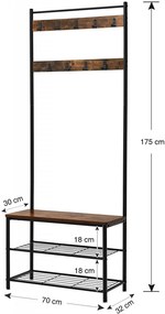 CUII204 - Cuier industrial 70 cm, 9 agatatori haine, chei, hol, rafturi pantofi, pantofar - Maro