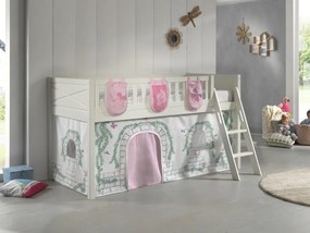 Set pat semi-supraetajat SCOTT pentru copii, alb, 90 x 200 cm, din pin scandinav masiv, cu scară, sertare + 3 buzunare opționale pentru depozitare și