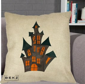 Perna Decorativa Halloween Casa Bantuita Minimalista, 40x40 cm, Crem, Husa Detasabila, Perna Inclusa, BEKZ®