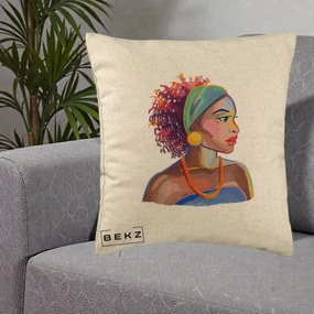 Perna Decorativa Portret Femeie Urbana Acuarela, 40x40 cm, Bej, Husa Detasabila, Perna Inclusa, BEKZ®