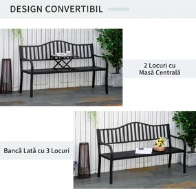 Bancă de Grădină Outsunny din Metal cu Măsuță Centrală Retractabilă, Bancă Loveseat pentru Terasă cu Șezut și Spătar cu Șipci, pentru 2–3 Persoane, Neagră | Aosom Romania
