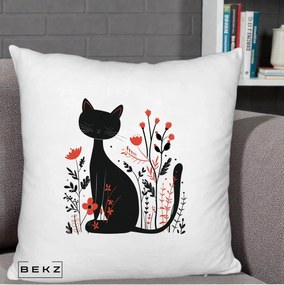 Perna Decorativa Pisica Neagra Flori Rosii Folk Minimal, 40x40 cm, Alb Pufos, Husa Detasabila, Perna Inclusa, BEKZ®