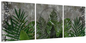 Tablou - Zid de beton cu plante (cu ceas) (90x30 cm)