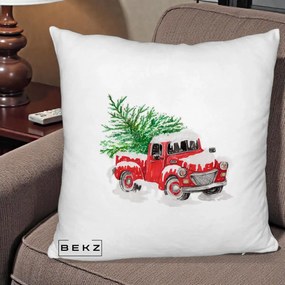 Perna Decorativa Camioneta Rosie Brad de Craciun, 40x40 cm, Alb Pufos, Husa Detasabila, Perna Inclusa, BEKZ®