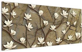 Tablou - Magnolii albe pe zidărie de piatră (120x50 cm)