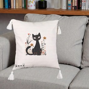 Perna Decorativa Pisica Neagra Flori Pastel Folk, 40x40 cm, Bej cu Franjuri, Husa Detasabila, Perna Inclusa, BEKZ®