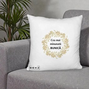 Cadou pentru Bunica - Perna Personalizata Cea Mai Minunata Bunica Coronita Frunze Acuarela, 40x40 cm, Alb Pufos, Husa Detasabila, Perna Inclusa, BEKZ®