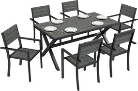Outsunny Set de Masă pentru Exterior 7 Piese pentru 6 Persoane, Masă și Scaune Stivuite cu Lamele Efect Lemn, Cadru din Aluminiu, Gri | Aosom Romania