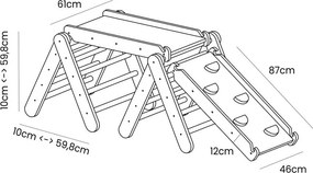 Triunghi Pikler de cățărat gri/în culoare naturală din lemn de pin 265x61x60 cm Montessori – Meowbaby