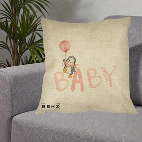 Perna Personalizata Baby Pinguin Roz, 40x40 cm, Crem, Husa Detasabila, Perna Inclusa, BEKZ®