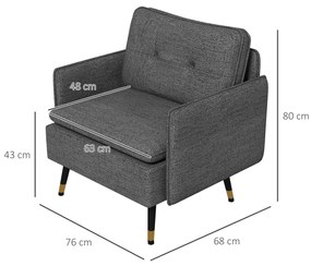 HOMCOM Fotoliu scandinav cu spătar capitonat cu trecere în material 76 x 68 x 80 cm gri și picioare din metal negru și auriu | Aosom Romania