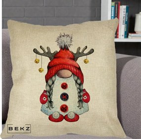 Perna Decorativa Pitic Gnom Craciun cu Coarne de Ren, 40x40 cm, Crem, Husa Detasabila, Perna Inclusa, BEKZ®