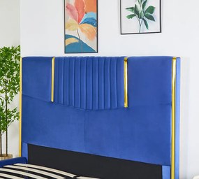 Pat Tapitat din Catifea Albastra cu Somiera si Saltea ,   160x200 cm, Cod LB-215