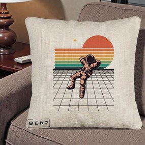 Perna Decorativa Astronaut Retro Space, 40x40 cm, Bej Canapea, Husa Detasabila, Perna Inclusa, BEKZ®