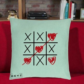 Cadou Romantic - Perna Personalizata Love Joc X si Inima cu Castigator Iubire, 40x40 cm, Verde Menta, Husa Detasabila, Perna Inclusa, BEKZ®